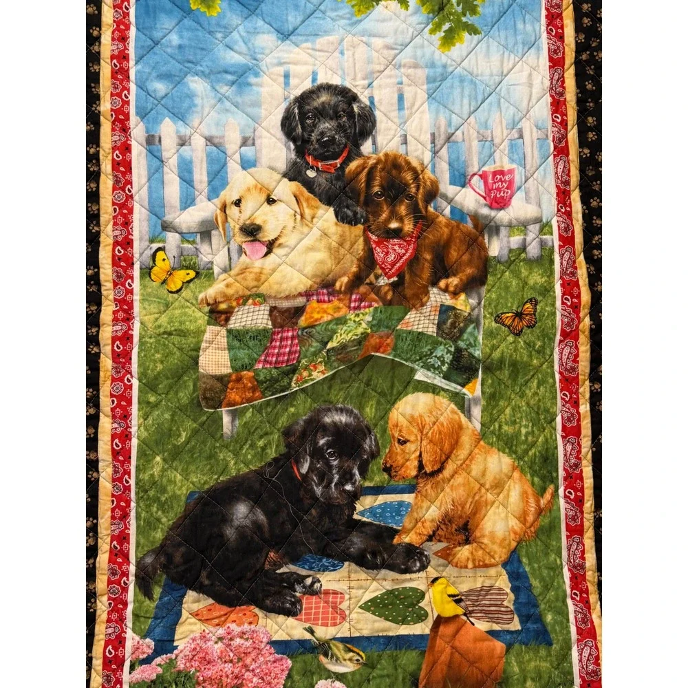 Puppy Dog Quilted Wall Hanging Throw Blanket Labrador Golden Retriever Garden